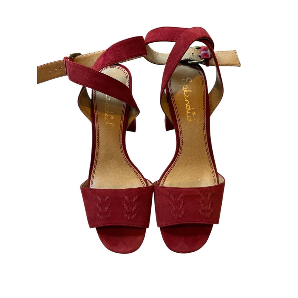 Splendid Neesha Suede Ankle Strap‎ Block Heel Sandals Red Embossed Size 8.5